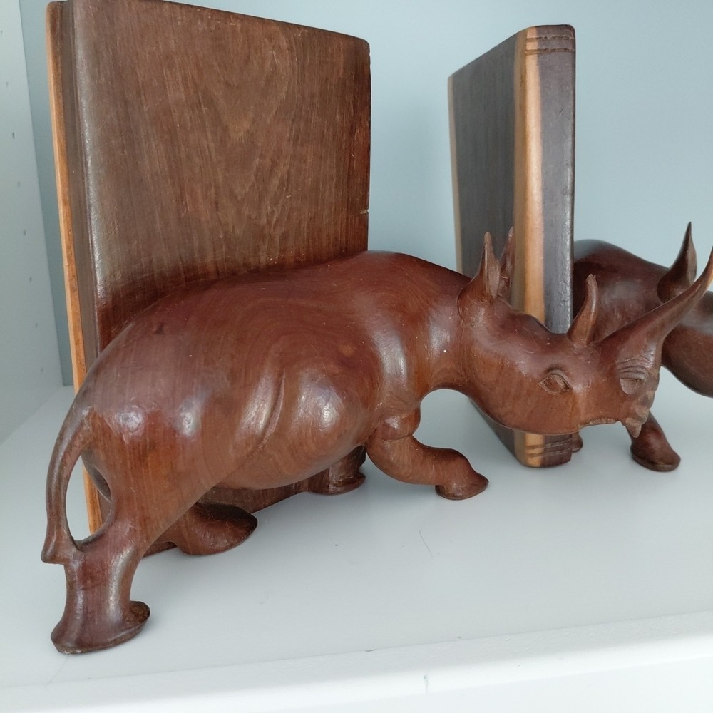 Vintage Hand Carved Natural Wood African RHINO Bookends Heavy Artist Detailed - Picture 5 of 16